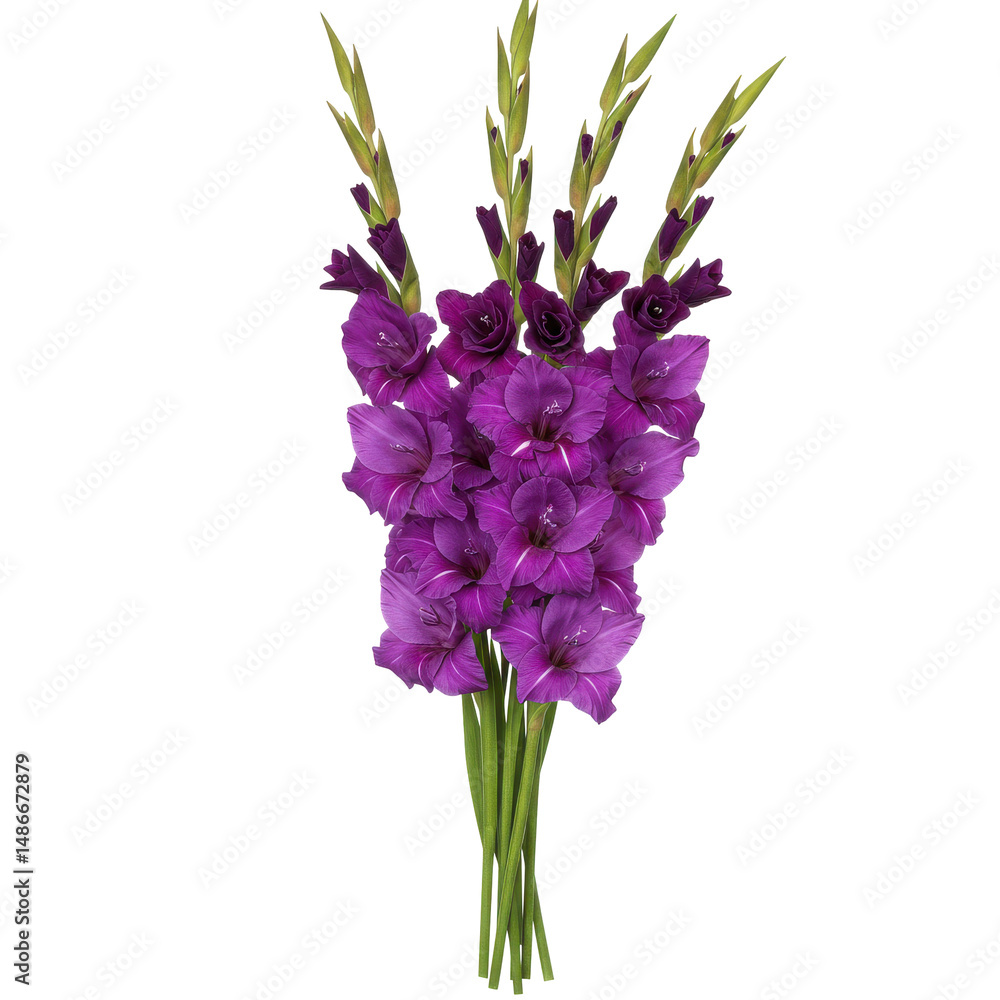 Naklejka premium Rich, purple gladiolus flowers in full bloom with vibrant green stems against black backdrop