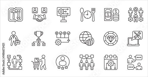Business company and Management icon set. Contains symbol of success, data, reward, work, money, employee, businessman, target, finance, lunchtime, task, shop, meeting, education. Vector illustration