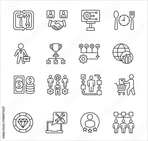 Business company Icon set. Management icon set. Contains symbol of success, data, reward, work, money, employee, businessman, target, finance, lunchtime, shop, meeting, education. Vector illustration