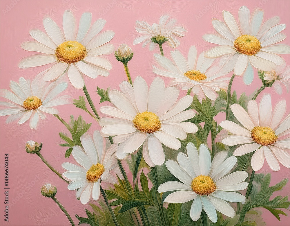 Obraz premium oil painting of small white daisy flowers on pastel pink backdrop hand drawn art floral design