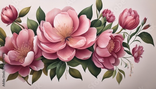 botanical painting showcasing exquisite pink flowers with detailed leaves