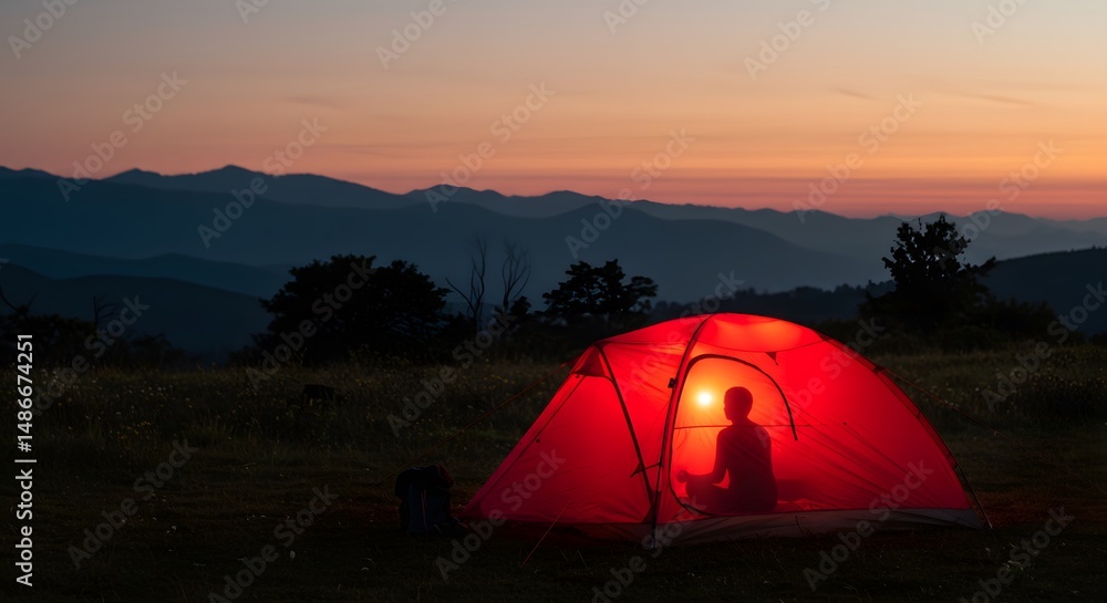 Camping under a vibrant twilight sky, nestled amid the majestic mountains, a red tent casts a warm, inviting glow. Camping under a vibrant twilight sky, nestled amid the majestic mountains, a red tent casts a warm, inviting glow.