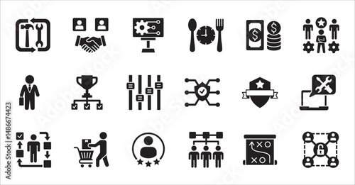 Business company, management flat icon set. Contains symbol of businessman, target, finance, lunchtime, success, hierarchy, data, work, money, employee, task, shop, meeting, job. Vector illustration
