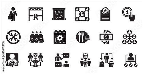Business company, management flat icon set. Contains symbol of businessman, target, finance, lunchtime, success, hierarchy, data, work, money, employee, task, shop, meeting, job. Vector illustration