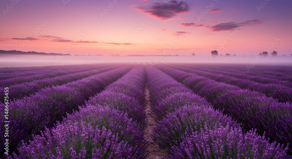 Fototapeta premium Lavender field bathed in the soft glow of sunrise, shrouded in gentle mist, creating a tranquil and aromatic landscape.