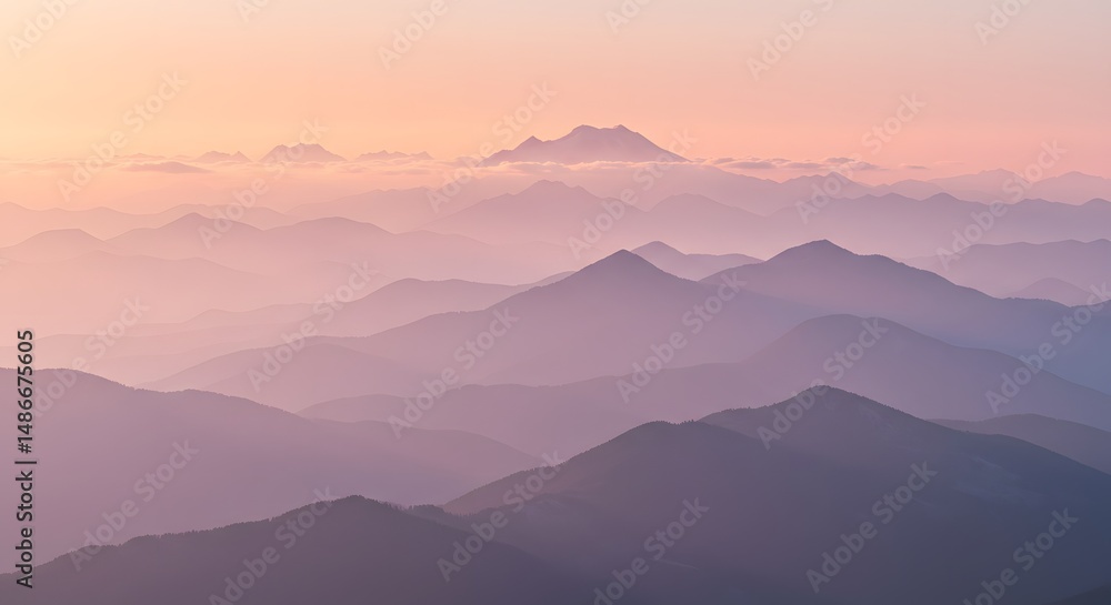 Layered mountain ranges appear in hazy, pastel-toned hues, the farthest peak veiled in soft, light-colored clouds during the golden hour. Layered mountain ranges appear in hazy, pastel-toned hues, the farthest peak veiled in soft, light-colored clouds during the golden hour.