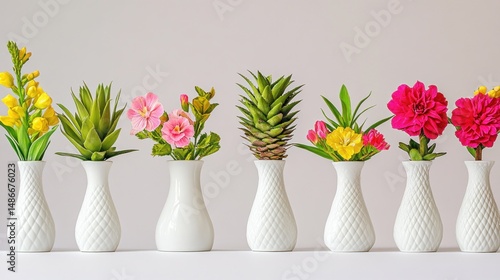 Colorful floral arrangements in white vases.