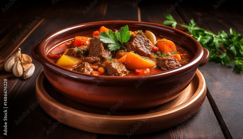 aromatic and savory stew in rustic earthenware bowl aromatic and savory stew in rustic earthenware bowl