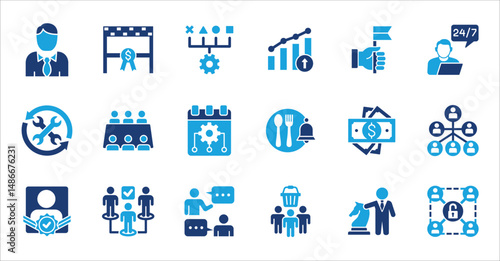 Management and business icon set. Contains symbol of businessman, target, finance, lunchtime, success, hierarchy, data, reward, work, money, employee, task, shop, meeting, job. Vector illustration