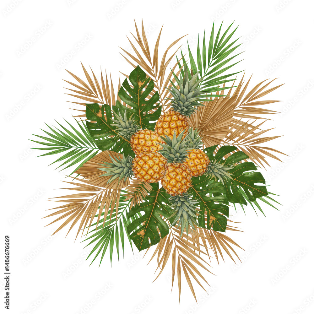 Fototapeta premium Tropical fruit and leaves arrangement featuring pineapples, fan palms, and monstera