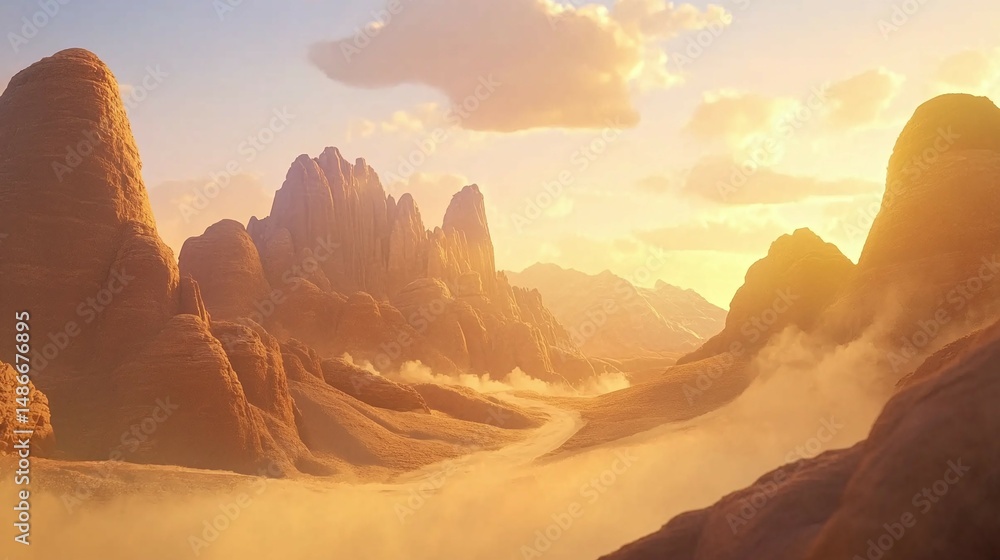 Naklejka premium Mountain range landscape with fog and sunset light creating a warm golden atmosphere.