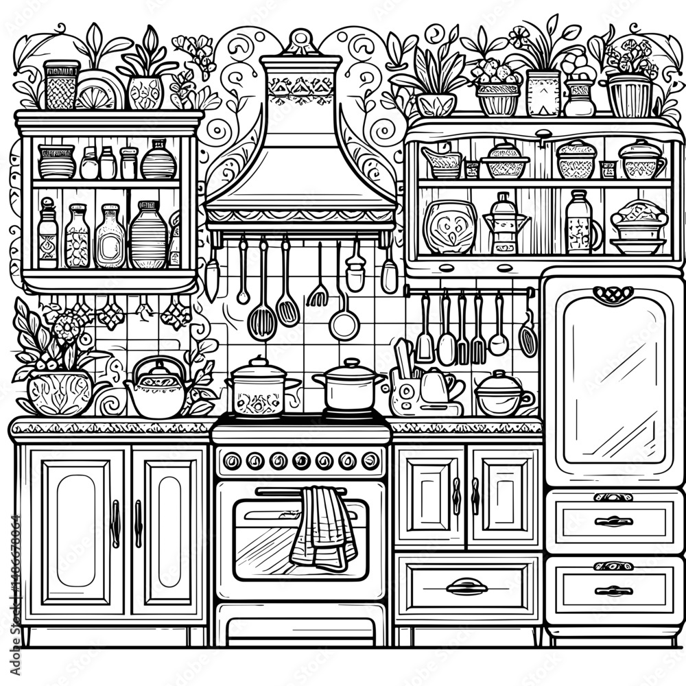 Fototapeta premium Detailed vintage kitchen illustration with cabinets and plants 