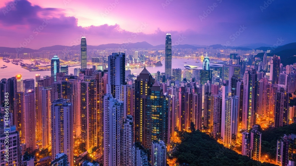 Fototapeta premium Vibrant city skyline at dawn overlooking illuminated skyscrapers.