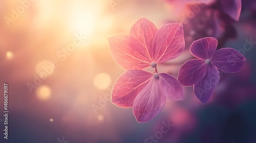 Pink Hydrangea Blossoms Sunset Light Botanical Floral