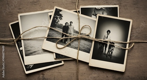 A stack of vintage black and white photographs, bound together by rustic twine, evoking memories and nostalgia of times past.