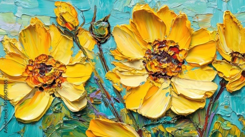 Vibrant yellow flowers painted with thick impasto strokes on a teal background.