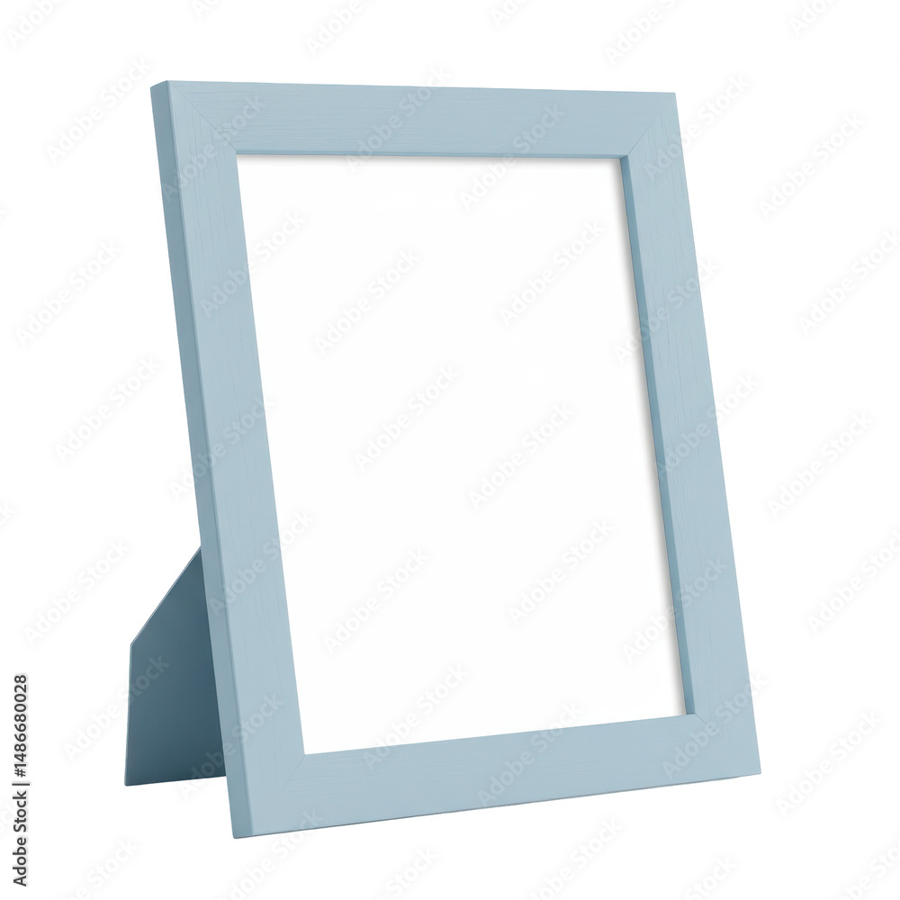 Fototapeta premium Light blue photo frame standing, clean white background, and simple design on black canvas
