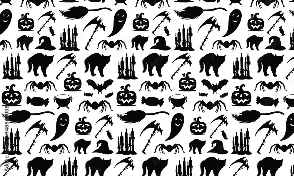 Naklejka premium Halloween Pattern Design, Vector Silhouette Pattern Design With Various Elements For Halloween Decoration, White Background Halloween Element Pattern Vector Design,