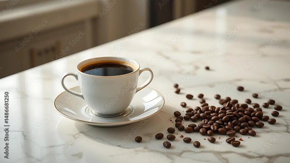 Fototapeta premium Elegant Porcelain Coffee Cup with Scattered Roasted Beans on Marble