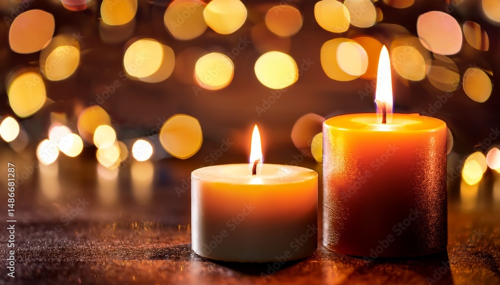 two burning candles with soft bokeh lights in the background creating warm ambiance two burning candles with soft bokeh lights in the background creating warm ambiance