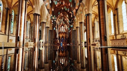 Interior of Salisbury Cathedral presents a sweeping vista of the nave and choir stalls, Wiltshire, England, UK