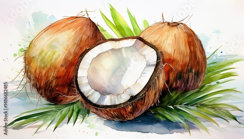 watercolor illustration of coconut fruit summer white background
