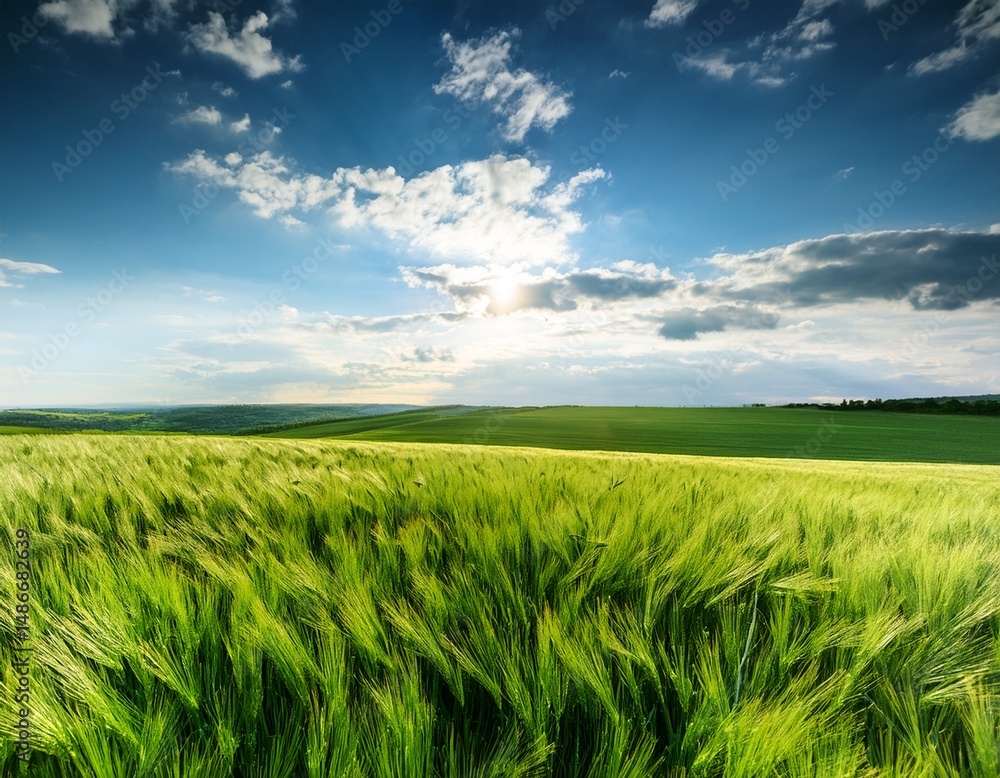 Fototapeta premium vibrant green crop field under a bright sky