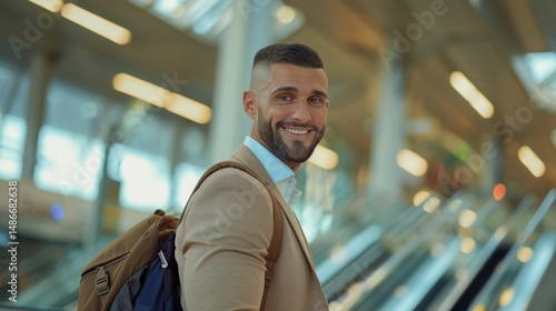 Front view portrait of young male traveler holding a suitcase in the airport. Male businessman traveling by plane