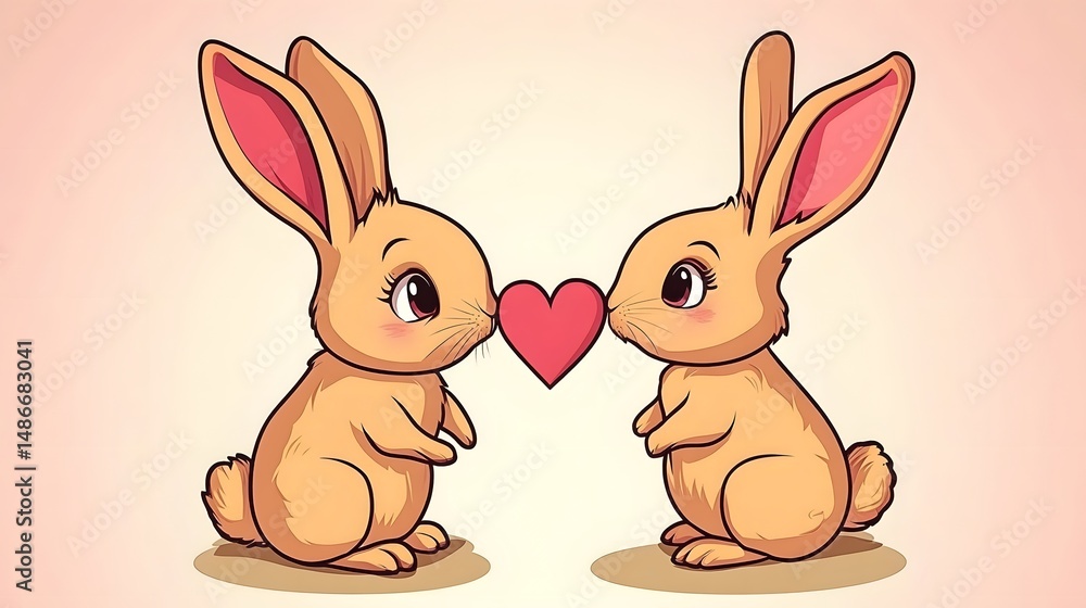 Fototapeta premium Cute Cartoon Rabbits in Love Valentine's Day Illustration