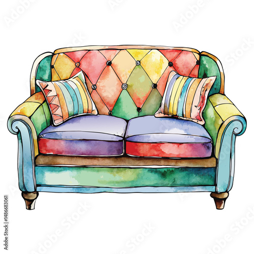 Watercolor illustration of a colorful vintage sofa with pillows