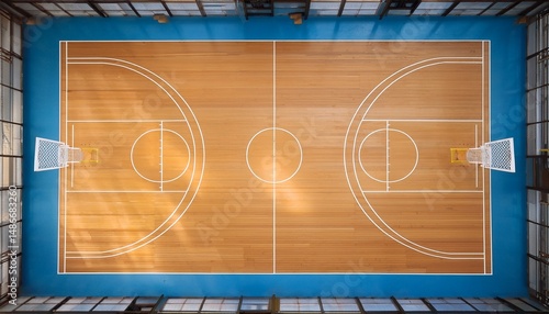 top down view of an empty indoor basketball court