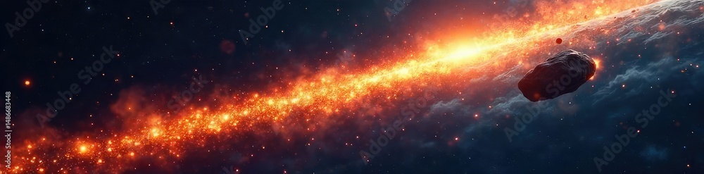 Fototapeta premium A blazing asteroid streaks across the night sky, leaving a fiery trail of cosmic dust Perfect for science, astronomy, space exploration, and fantasy themes , cosmos, science