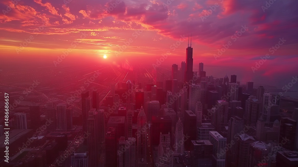 Fototapeta premium A bustling cityscape at twilight with glowing street lights and a dramatic sky