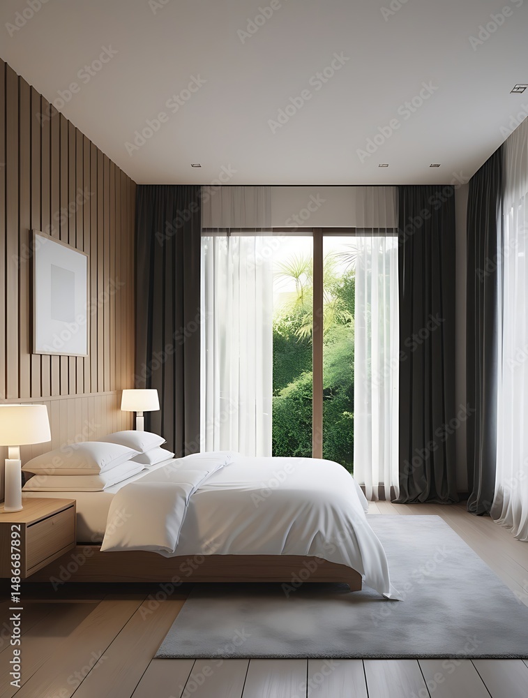 Modern luxury bedroom interior with large window, elegant furniture, cozy bedding, wooden accents and natural light creating a peaceful, stylish and inviting home atmosphere
Modern luxury bedroom interior with large window, elegant furniture, cozy bedding, wooden accents and natural light creating a peaceful, stylish and inviting home atmosphere