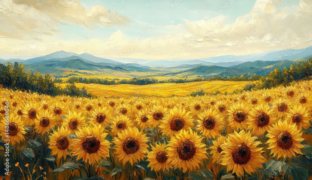 Obraz premium A breathtaking vista of sunflowers and rolling hills.