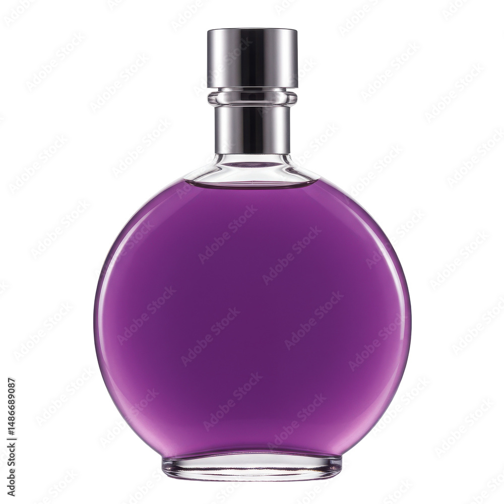 Round glass bottle filled with vibrant purple liquid with a silver top on a dark background Round glass bottle filled with vibrant purple liquid with a silver top on a dark background