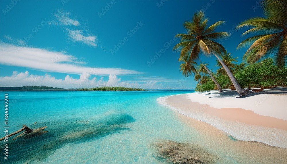 Fototapeta premium paradise beach of a tropical island palm trees white sand azure water generative ai