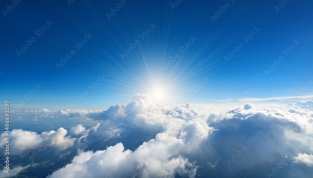 bright sun shining over fluffy clouds in clear blue sky landscape bright sun shining over fluffy clouds in clear blue sky landscape