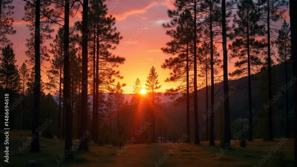 Sunset or dawn in a pine forest in spring or early summer Sunset or dawn in a pine forest in spring or early summer