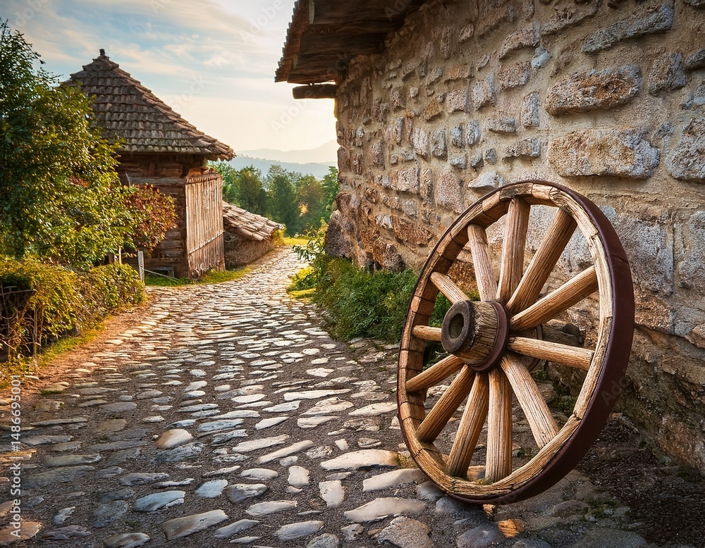 Obraz premium wooden cart wheel on a stone path in a historic village