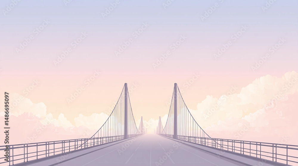 Obraz premium A bridge stretches into the distance under a soft pastel sky illustration.