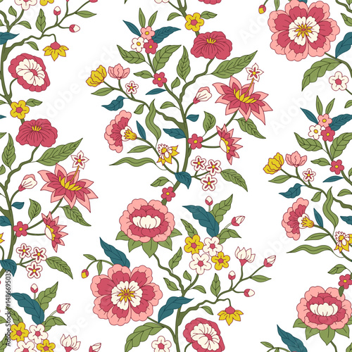 Seamless Jacobean pattern with hand drawn pink flowers and leaves on white background. Boho floral repeat wallpaper with indian chintz ornament. Vector illustration