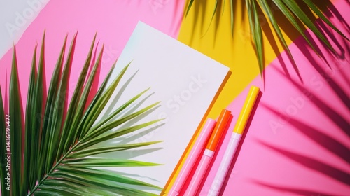 Vibrant markers palm leaf and blank paper flatlay