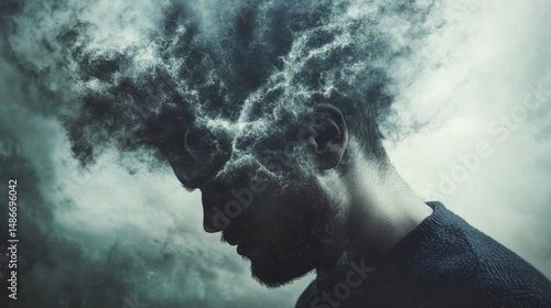 head of a man, mental storm visualized as a tornado, symbolizing stress and overthinking. generative ai