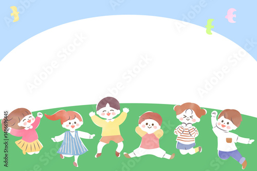 外で元気に遊ぶ子どもたちのイラスト　フレーム　背景　青空　水彩　北欧