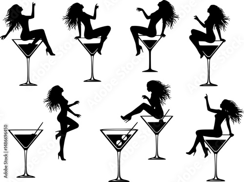 girl and martini black vector silhouette
