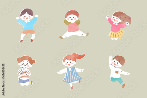 元気な子どもたちのイラストセット　北欧・水彩タッチ