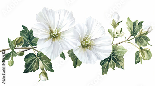 Fototapeta Naklejka Na Ścianę i Meble -  Beautiful watercolor illustration of white musk mallow with green leaves, illustration, white musk mallow, leaves, watercolor illustration. [Gravity Bloom] | Airborne Blossom | sky bloom. Illustration