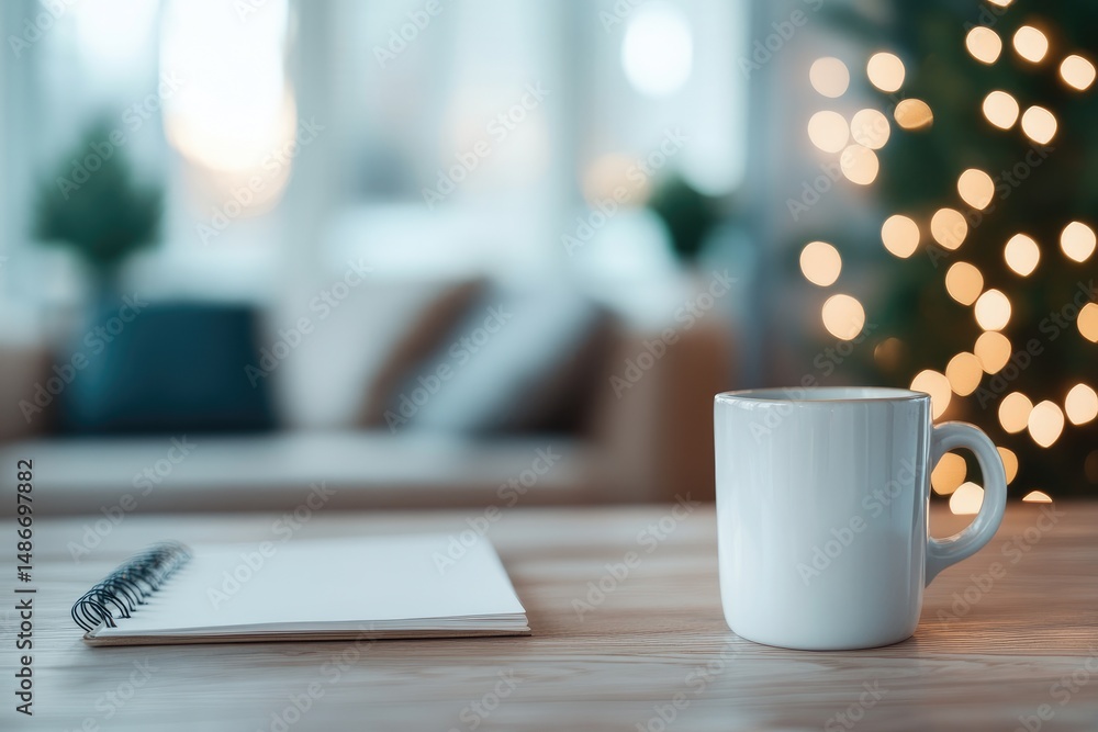 Coffee mug and spiral notebook on wooden surface with holiday lights background Coffee mug and spiral notebook on wooden surface with holiday lights background