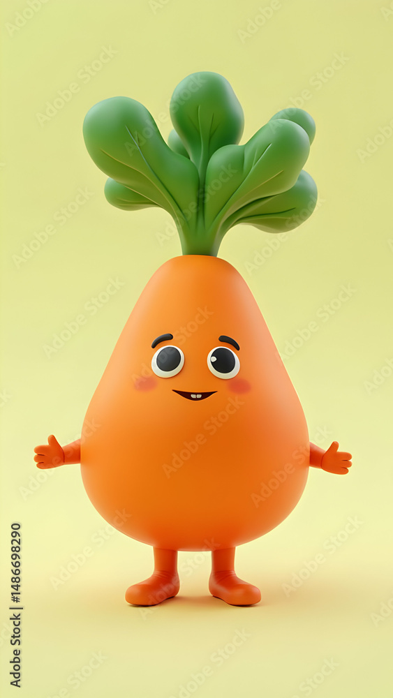 Cute, cartoonish orange root vegetable character with rosy cheeks and bright green leaves on a pastel yellow backdrop Cute, cartoonish orange root vegetable character with rosy cheeks and bright green leaves on a pastel yellow backdrop